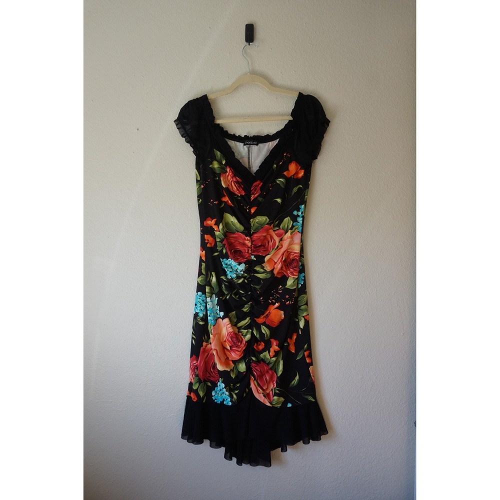 Bebe 00'S Floral Midi Dress Jersey Ruched Whimsigoth Romantic Black SIZE S/M